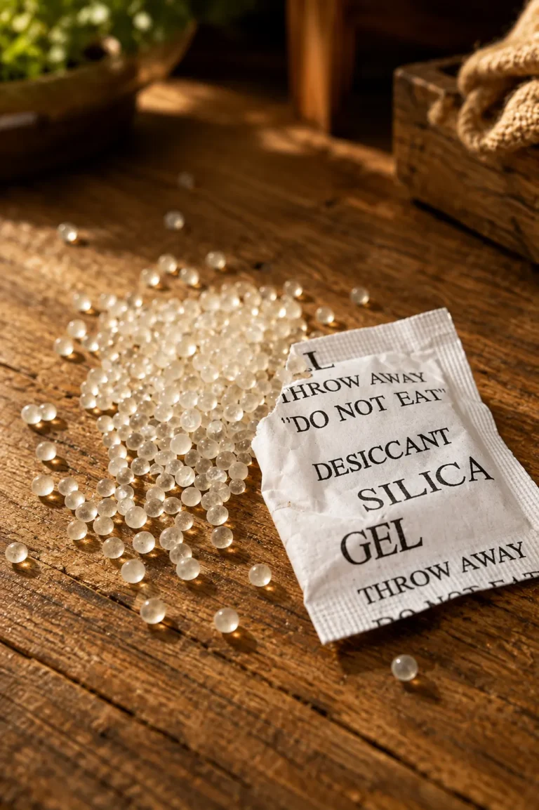 Silica gel packets placed beside shoes, electronics, jewelry, and storage boxes