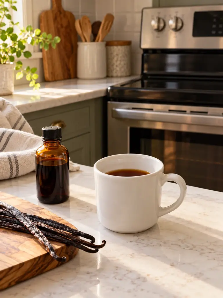Oven-safe mug of vanilla extract on a kitchen counter beside an off oven
