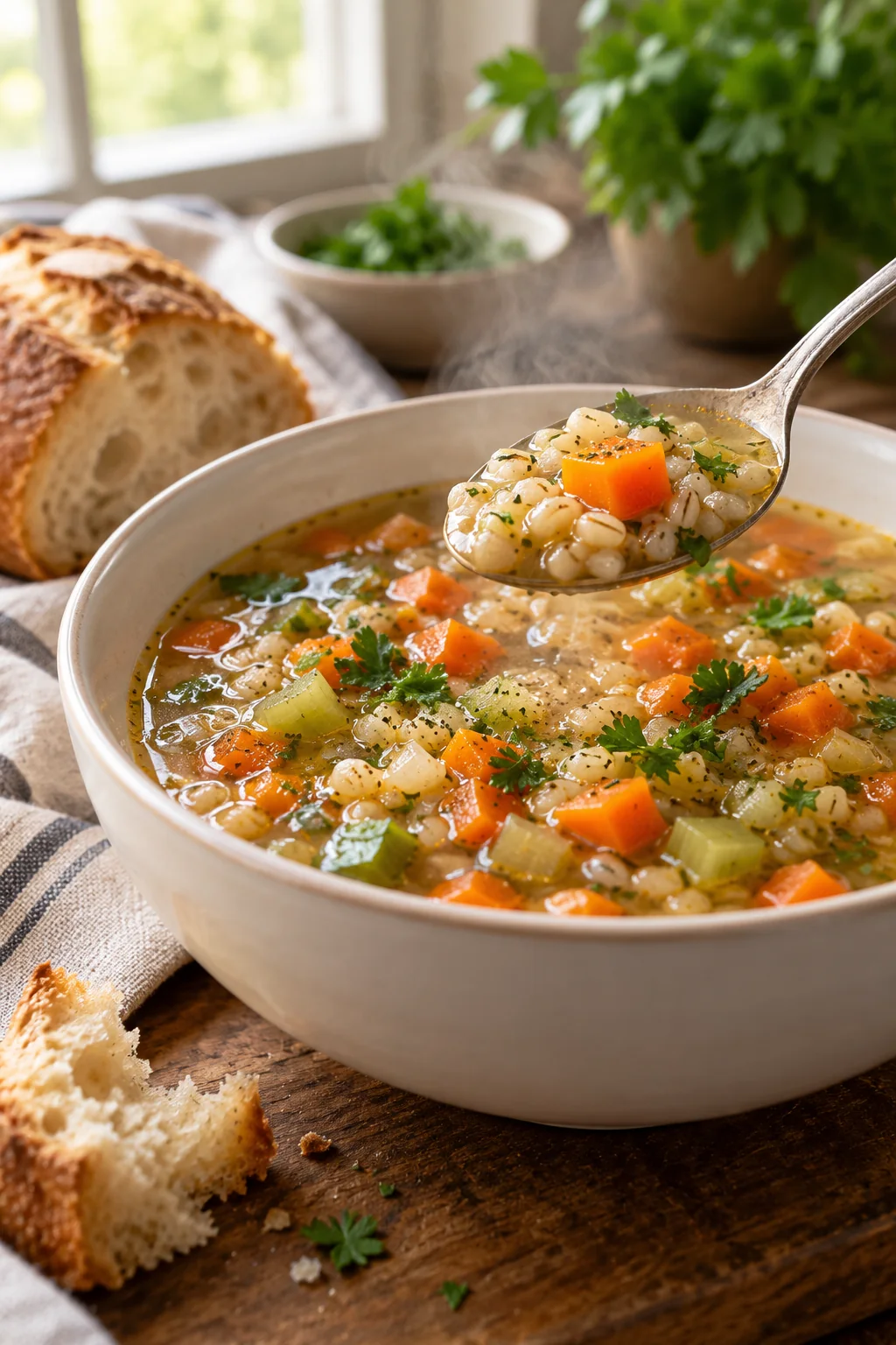 Serving vegetable barley soup with a spoon and bread