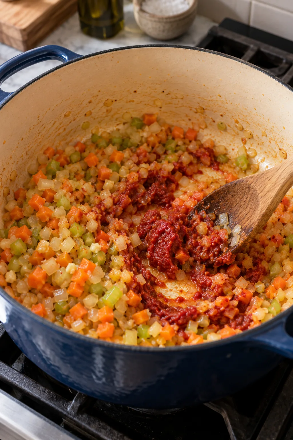 Carrots, celery and onion cooking in a soup pot