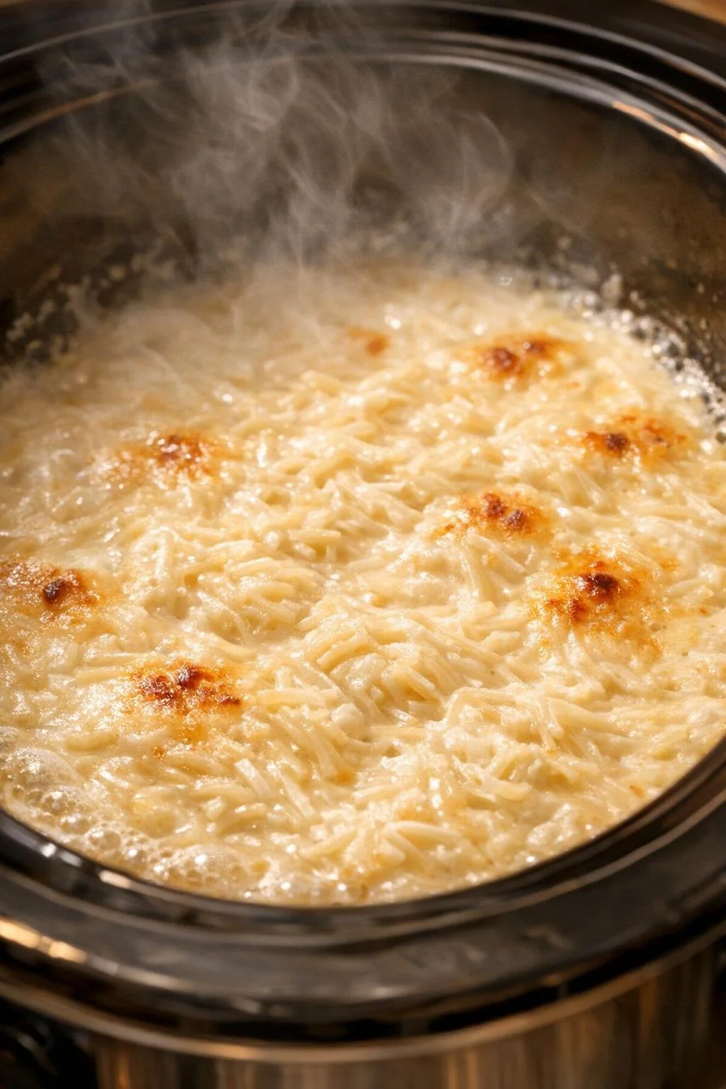 Creamy slow cooker vermicelli bubbling near the edges
