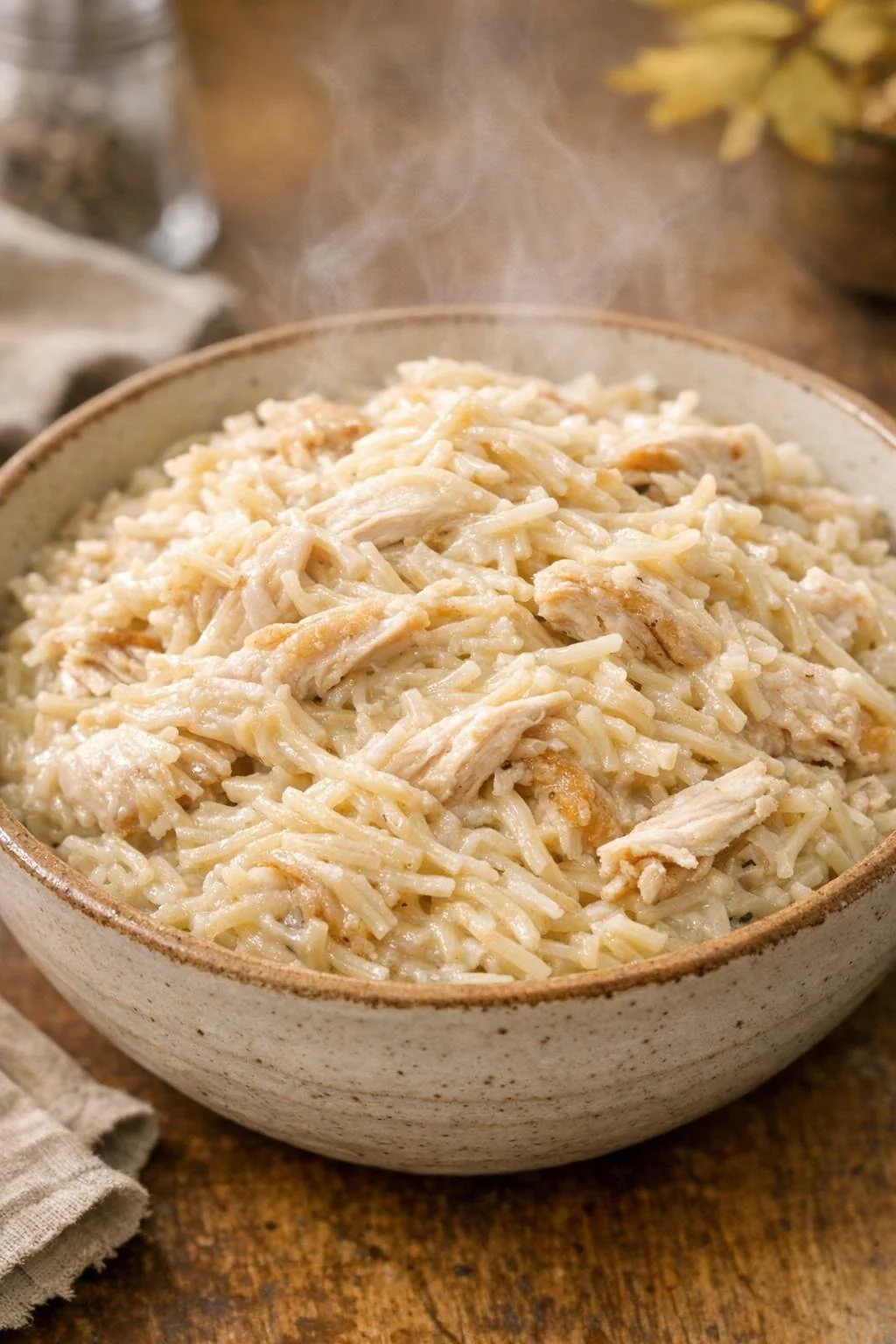 Creamy vermicelli with cooked shredded chicken