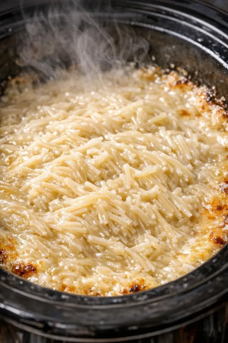 Creamy slow cooker vermicelli served in a white bowl
