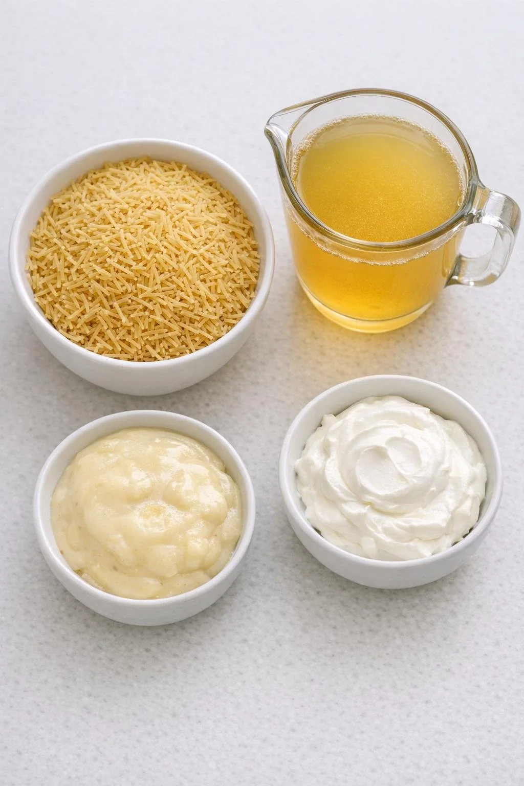 Broken vermicelli, broth, cream of chicken soup and sour cream