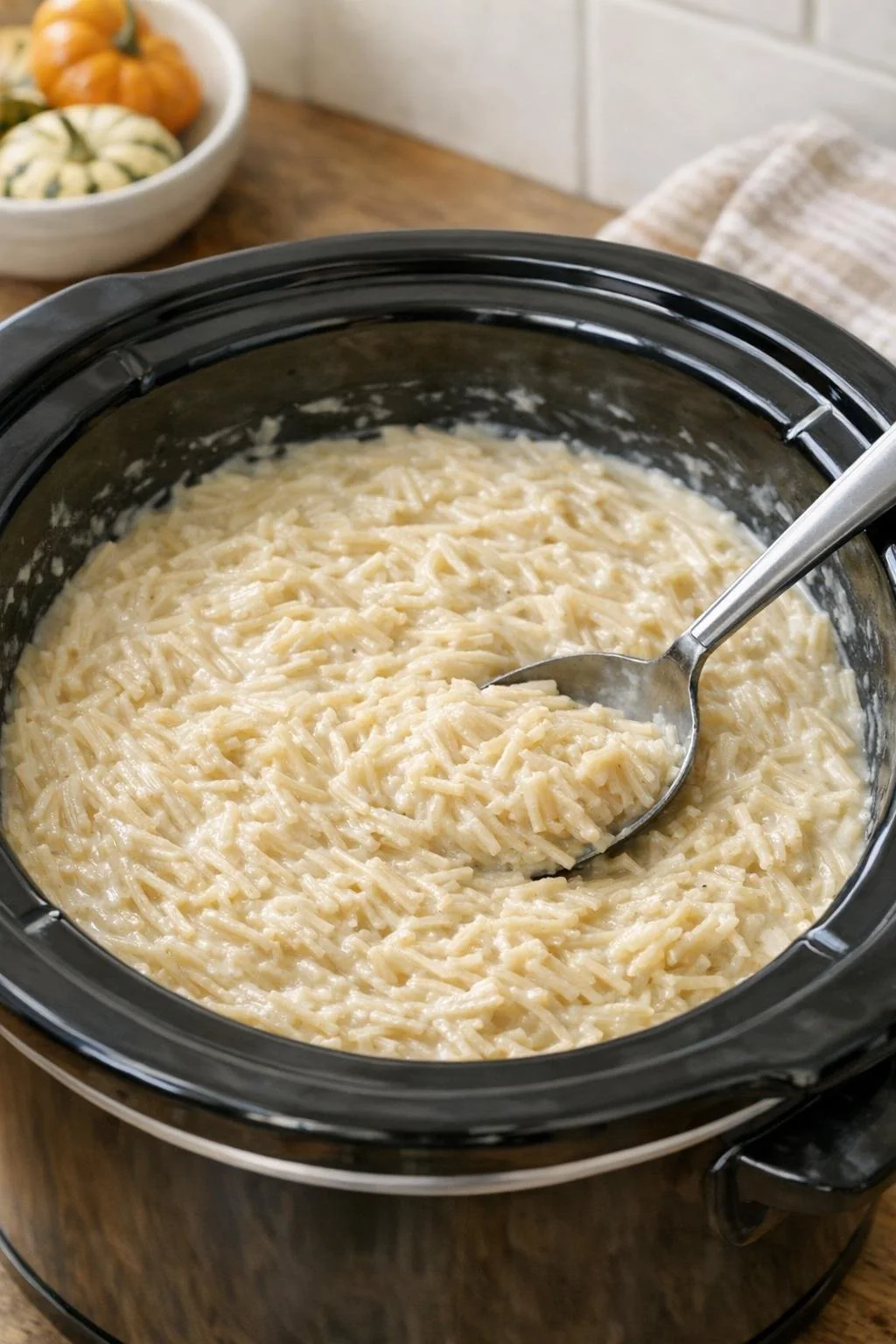 Creamy vermicelli mixture stirred in the slow cooker