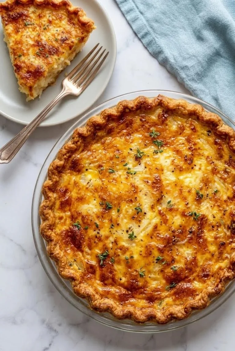 Delicious homemade Vidalia Onion Pie served on a rustic wooden table
