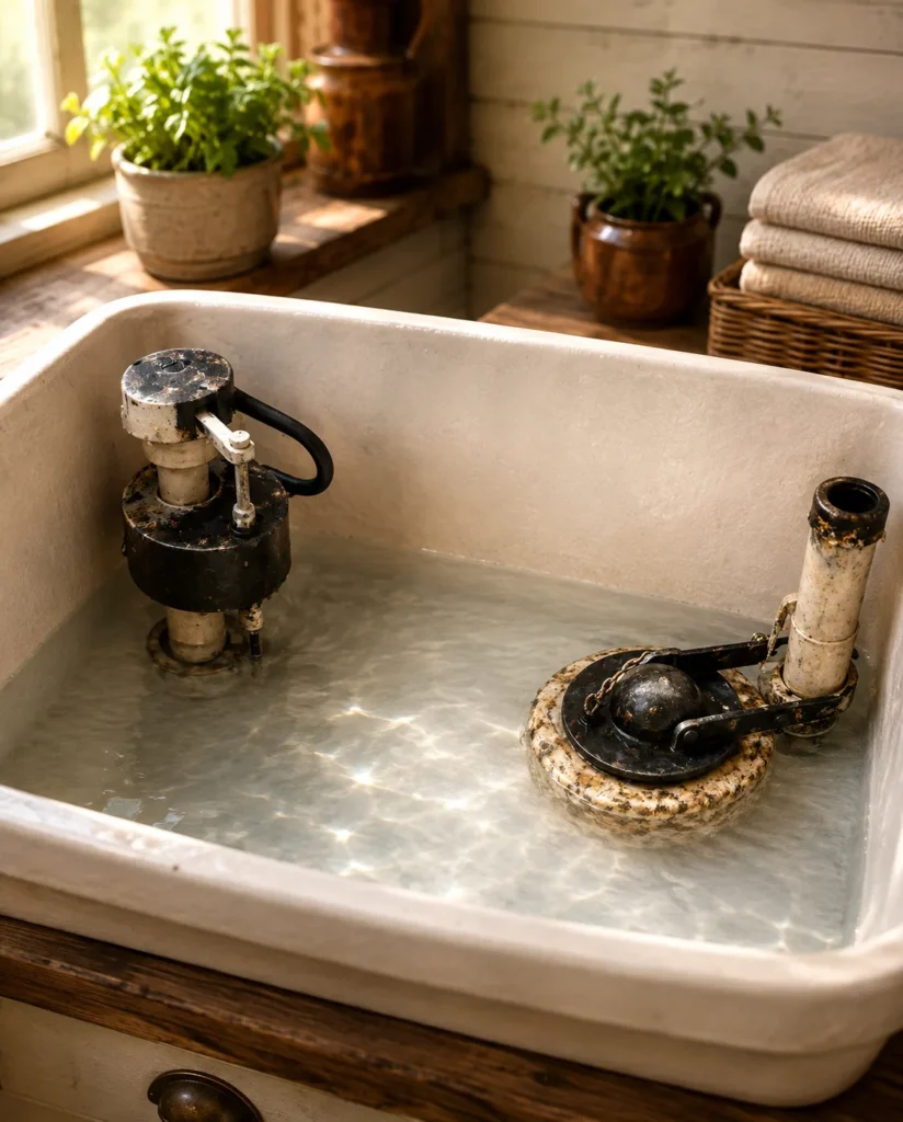 White vinegar being poured into an open toilet tank with visible mineral buildup