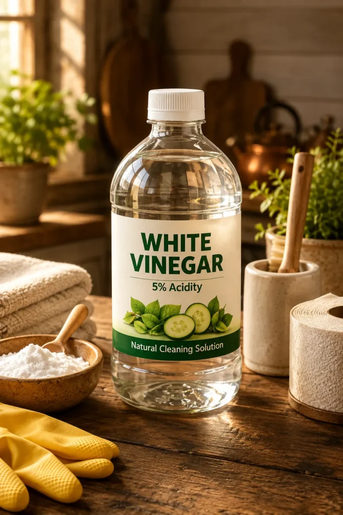White vinegar being poured into an open toilet tank with visible mineral buildup