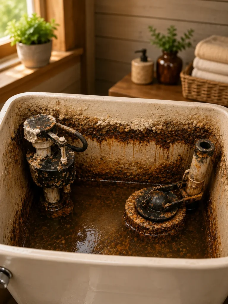 White vinegar being poured into an open toilet tank with visible mineral buildup