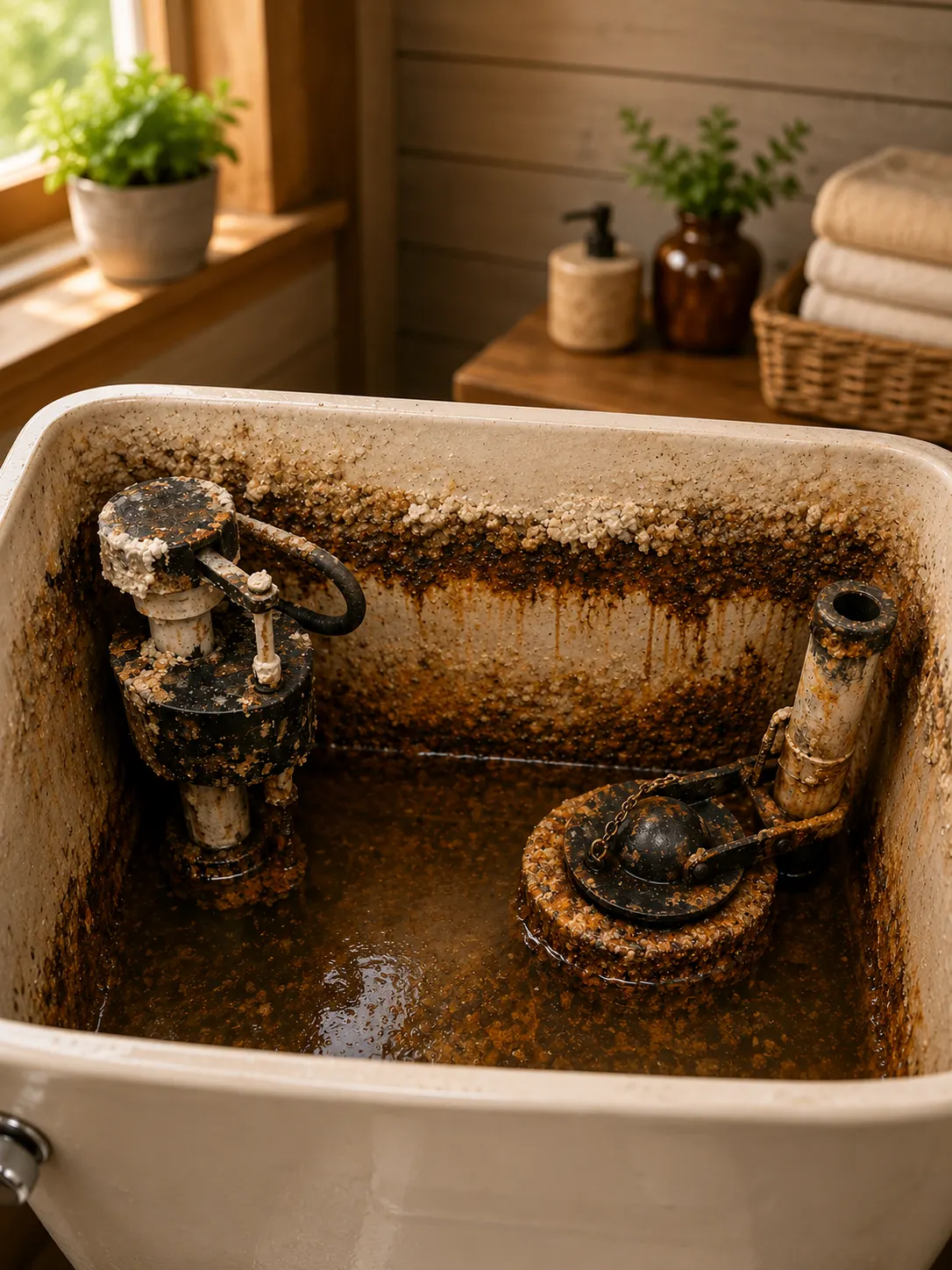 White vinegar being poured into an open toilet tank with visible mineral buildup