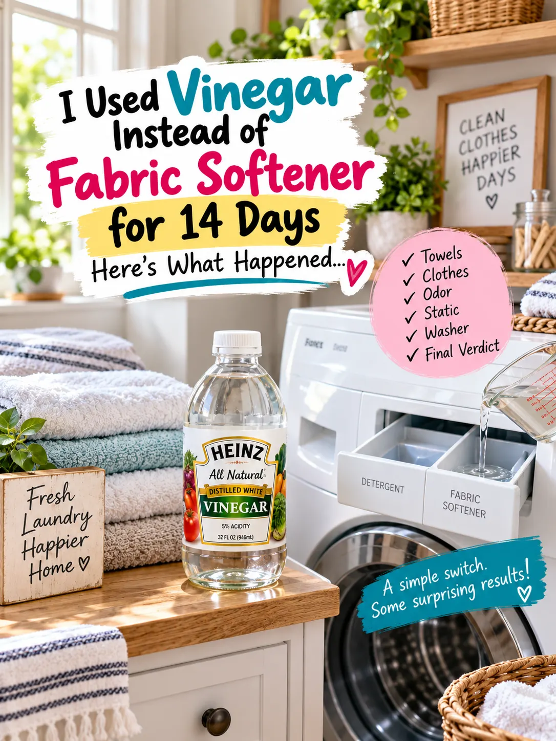 White vinegar instead of fabric softener beside a washing machine with fresh towels