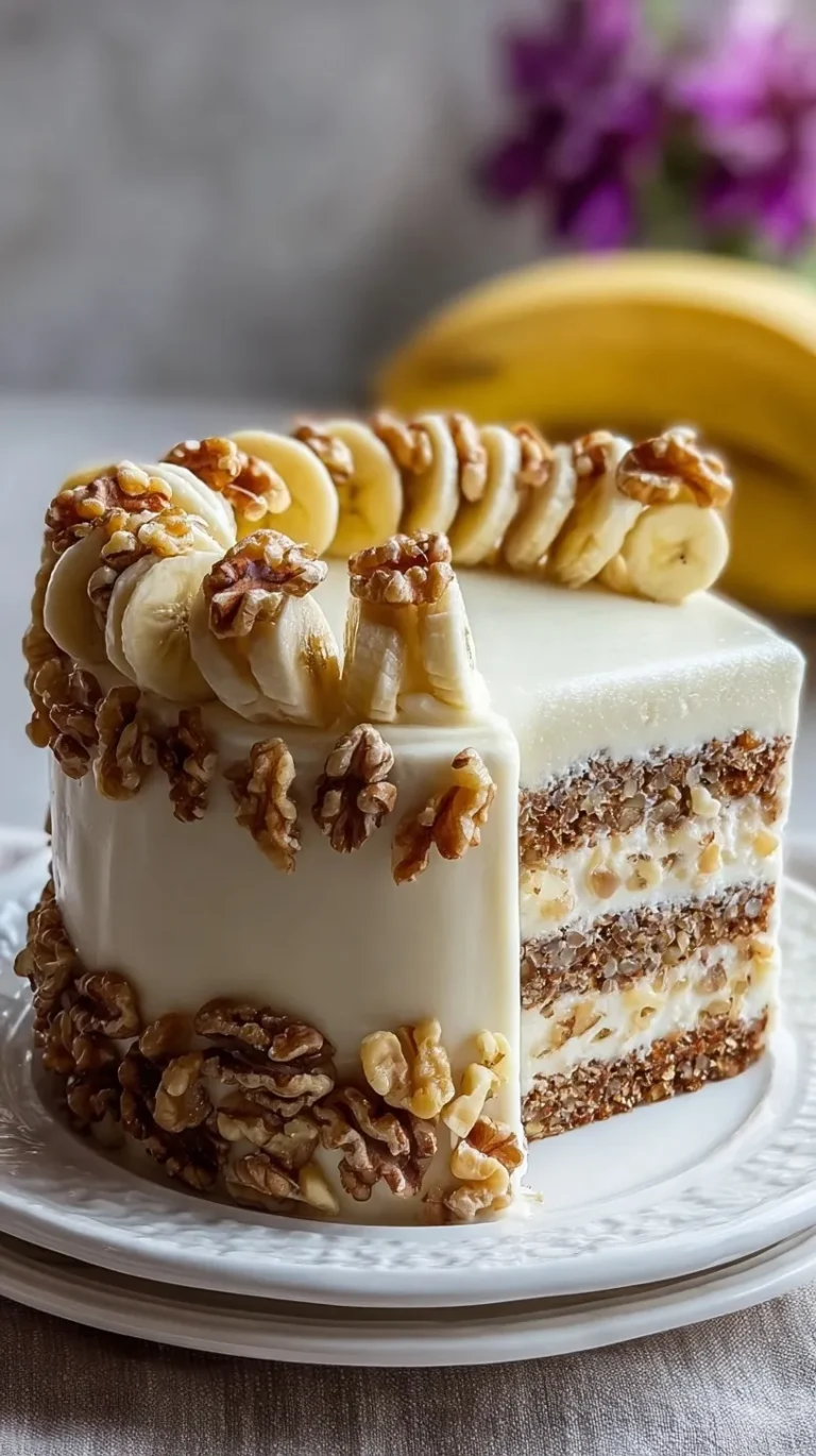 A double layer Walnut Banana Cream Cake with smooth white frosting and chopped walnuts on top.