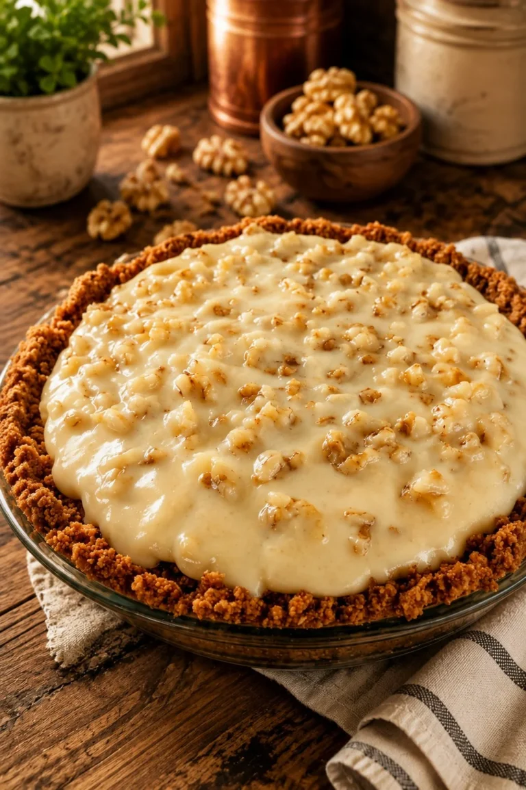 Homemade Walnut Cream Pie with creamy filling and walnut topping