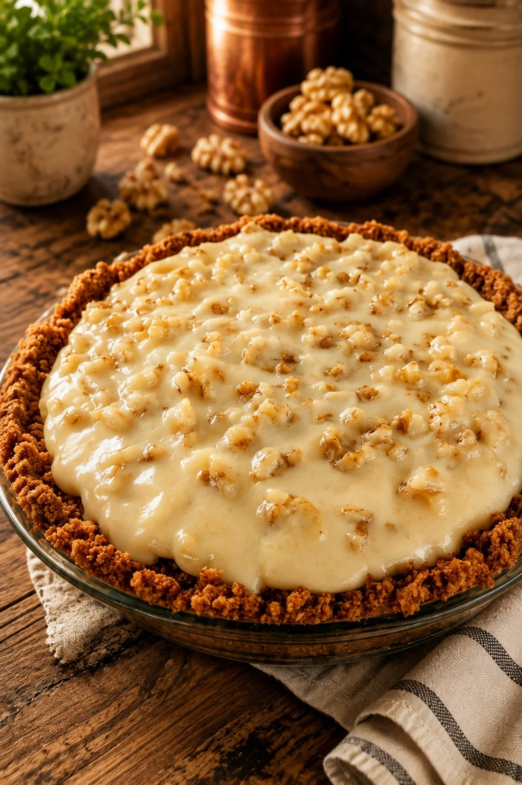Homemade Walnut Cream Pie with creamy filling and walnut topping