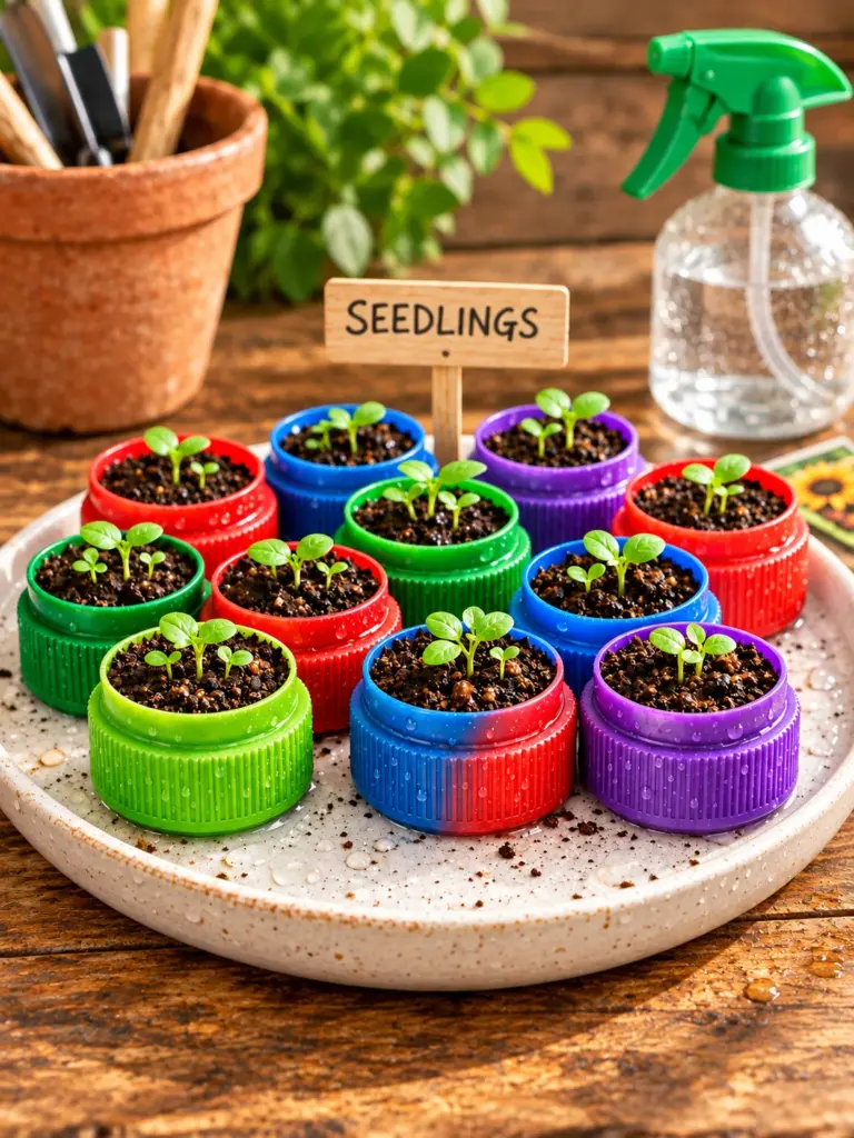 Colorful laundry detergent caps reused for kids’ craft projects