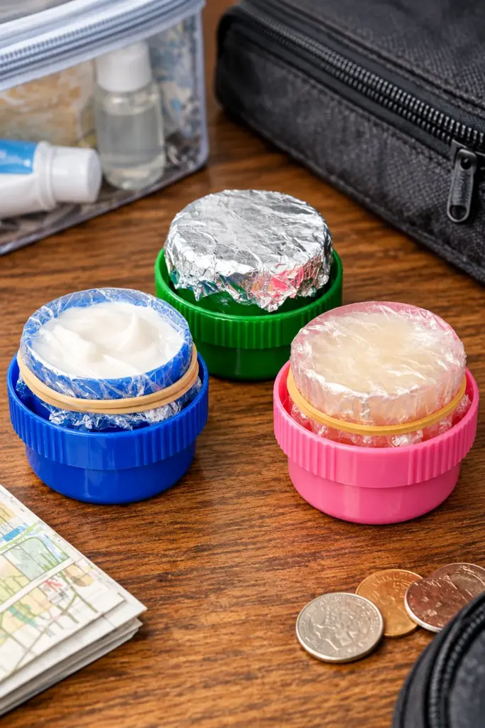 Colorful laundry detergent caps reused for kids’ craft projects
