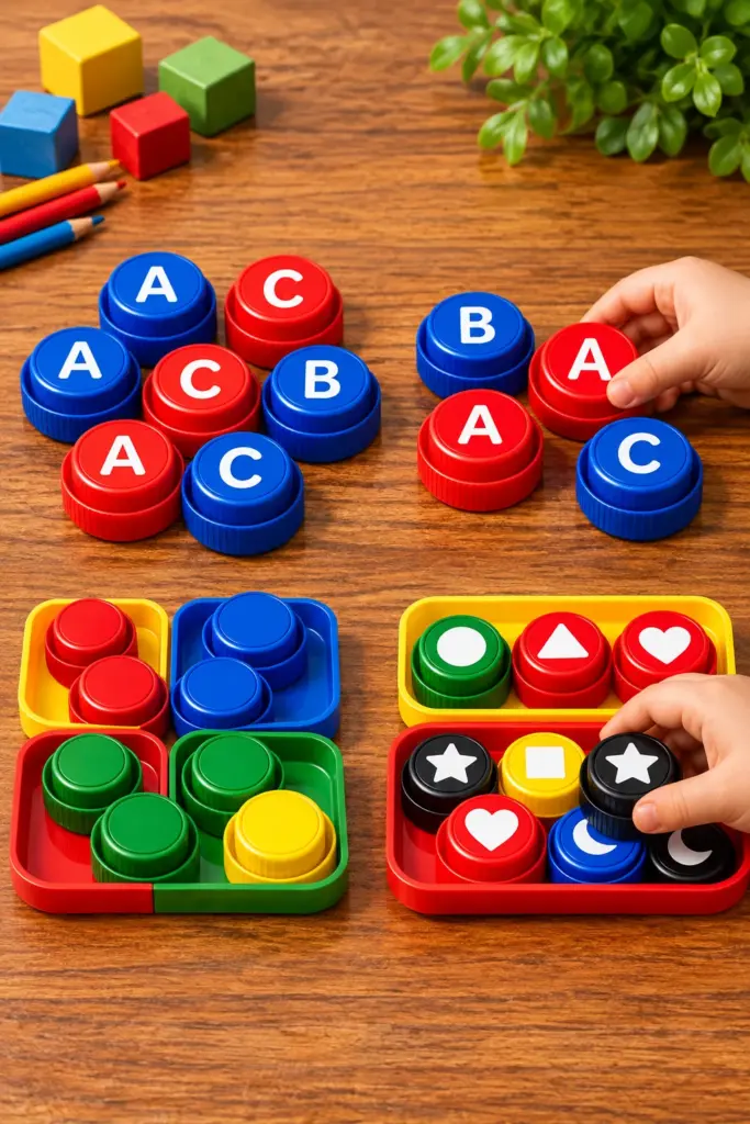 Colorful laundry detergent caps reused for kids’ craft projects