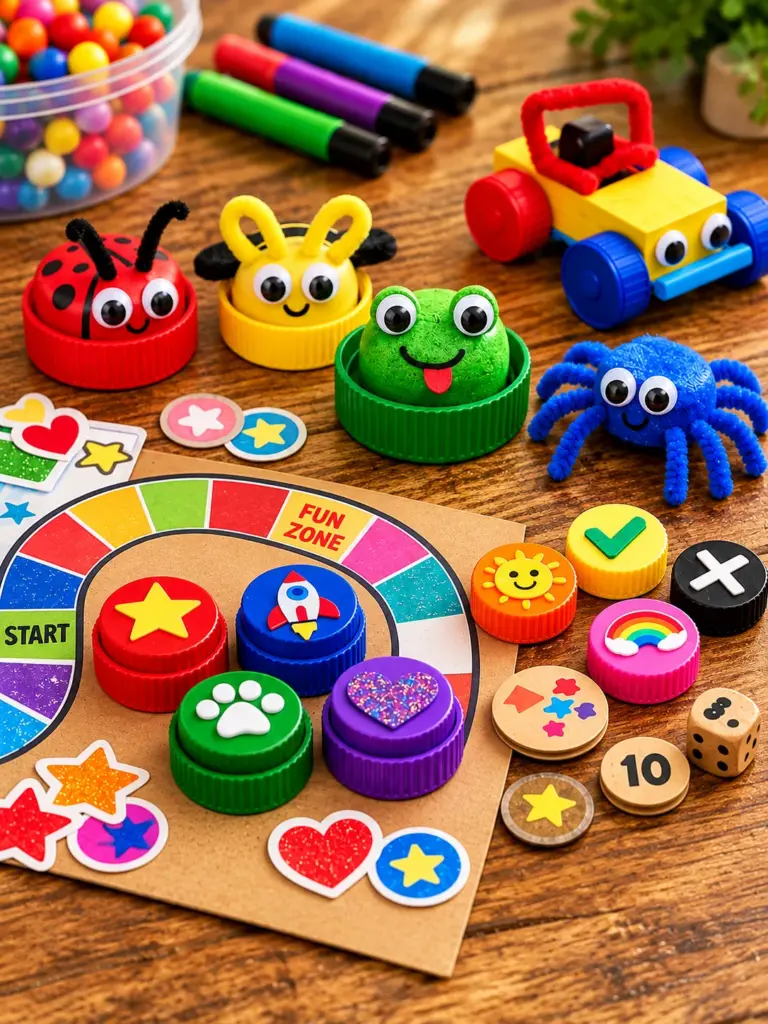 Colorful laundry detergent caps reused for kids’ craft projects