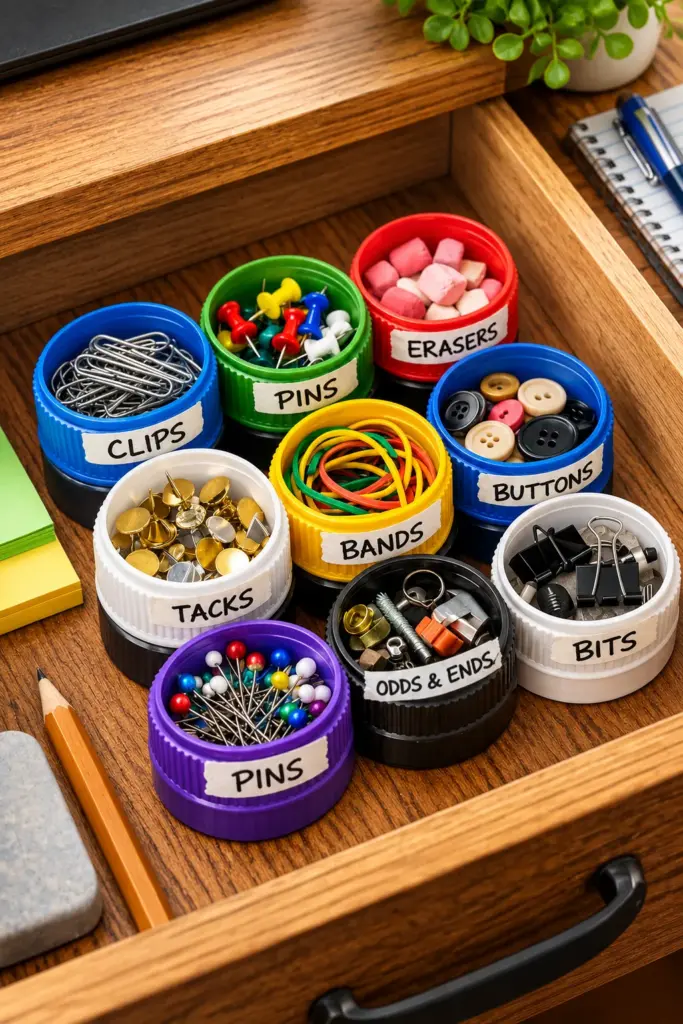 Colorful laundry detergent caps reused for kids’ craft projects