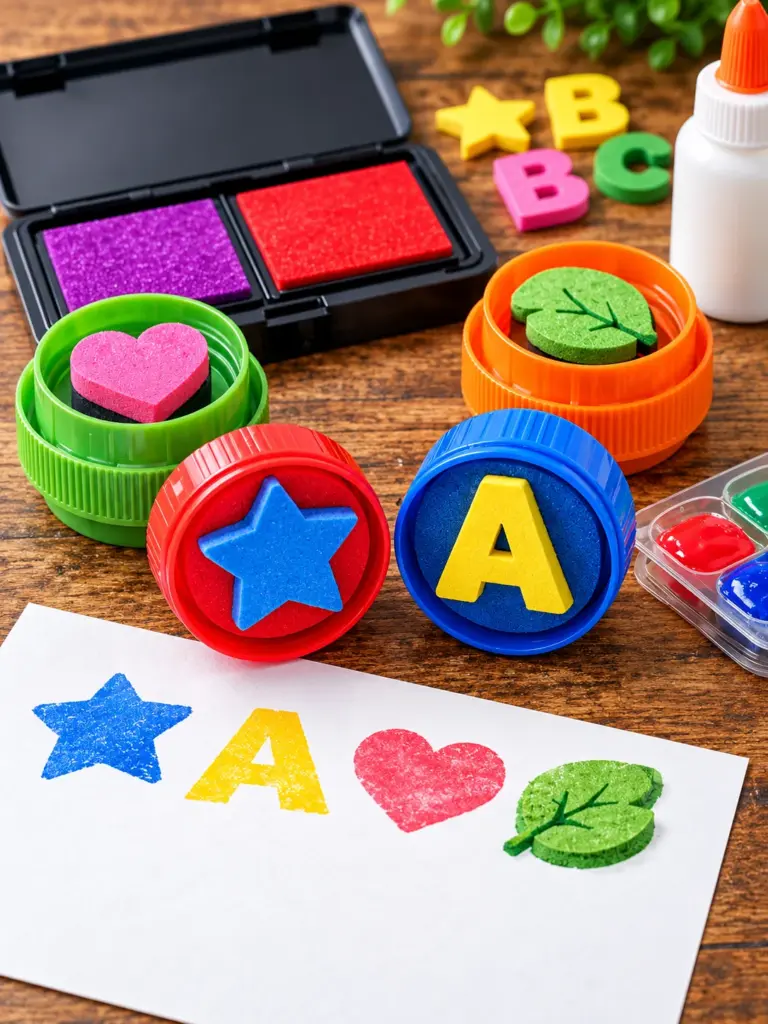 Colorful laundry detergent caps reused for kids’ craft projects