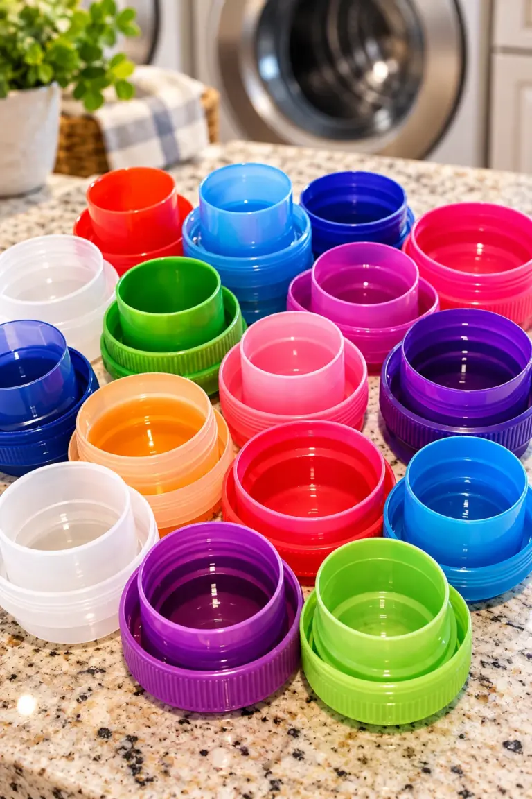 Colorful laundry detergent caps reused for kids’ craft projects