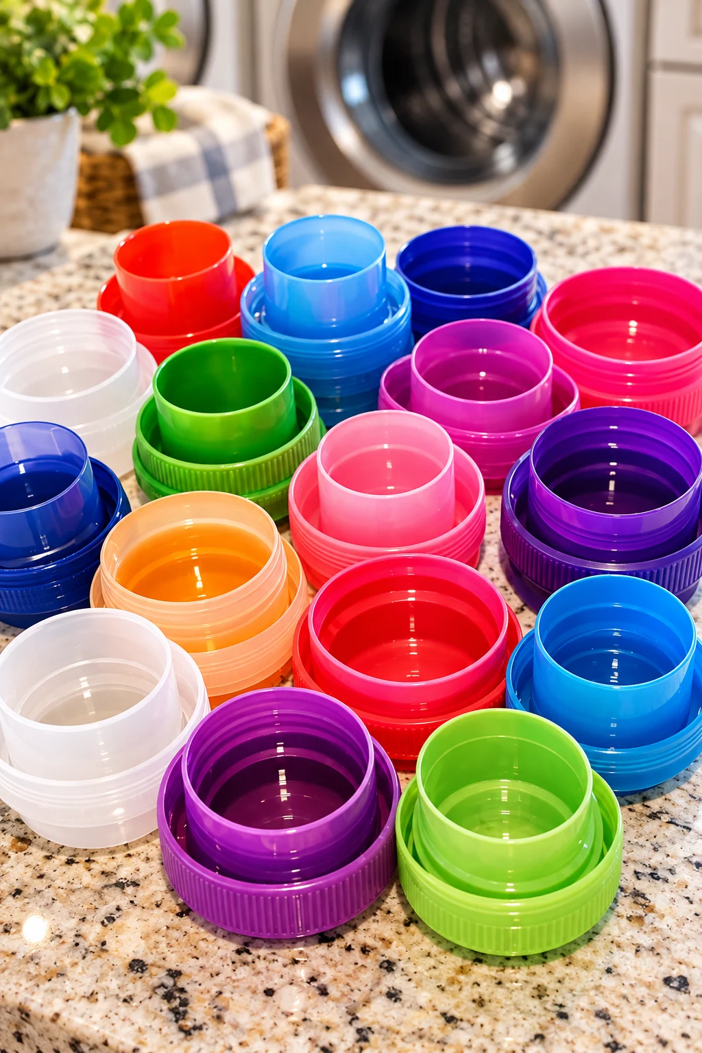 Colorful laundry detergent caps reused for kids’ craft projects