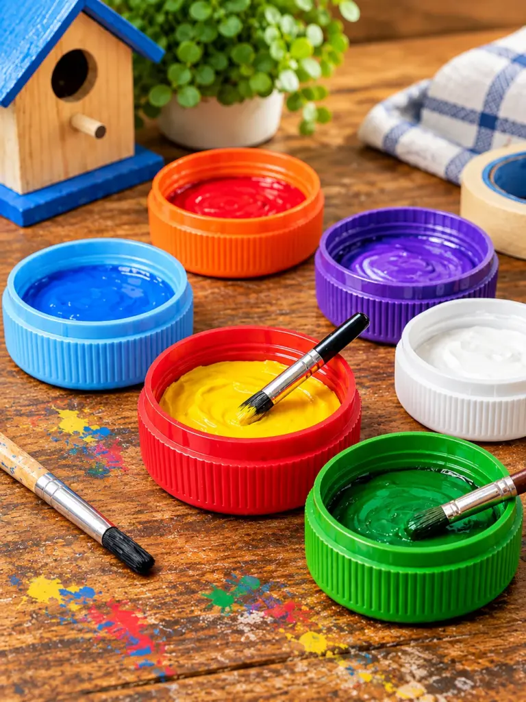Colorful laundry detergent caps reused for kids’ craft projects