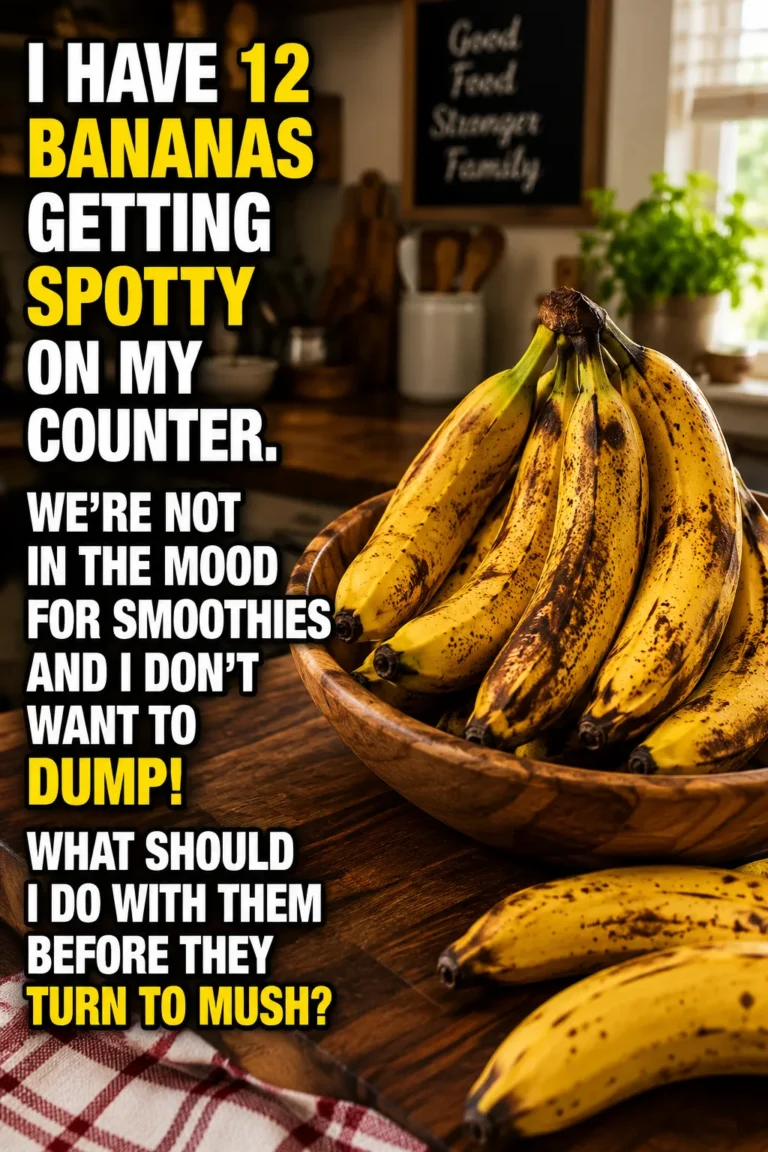 Overripe bananas beside homemade banana bread, smoothies, and banana muffins
