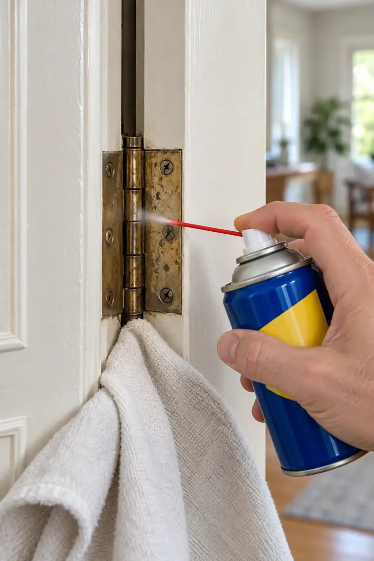 Lubricating a squeaky interior door hinge with a household spray