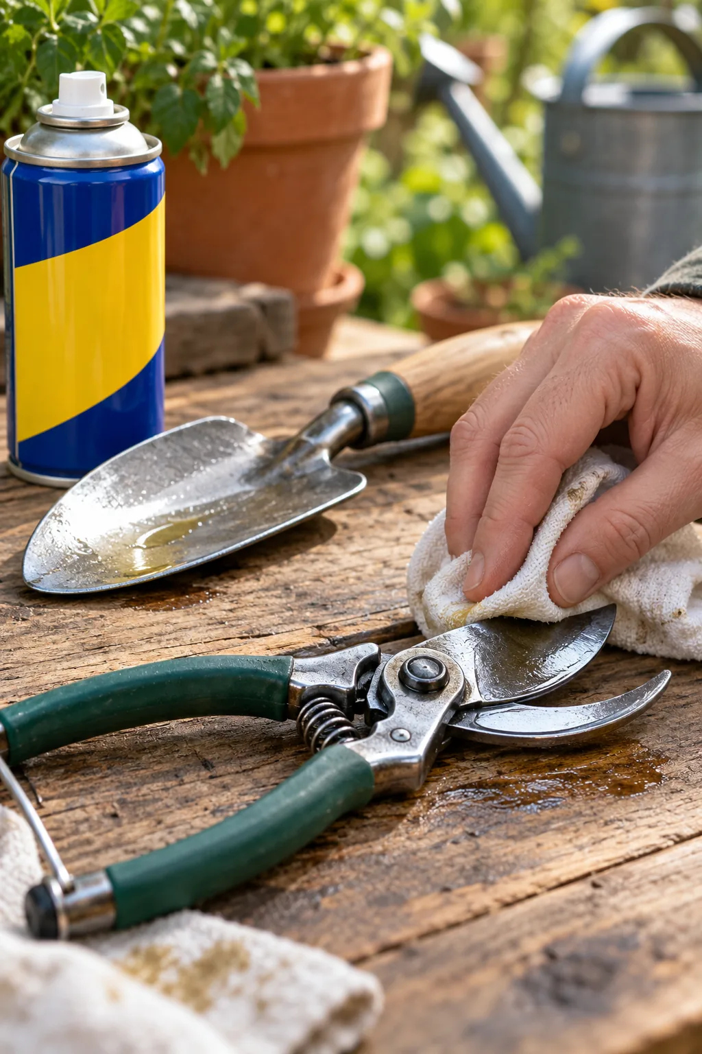 Wiping clean metal garden tools before storage