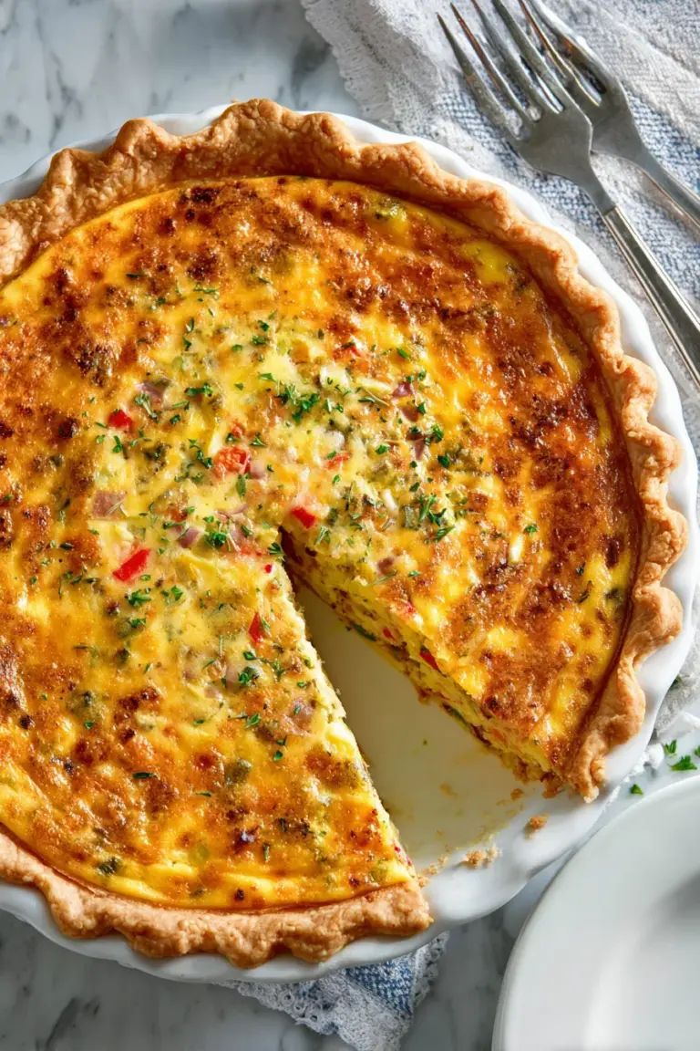 Golden Western omelet quiche with ham and peppers in a flaky crust