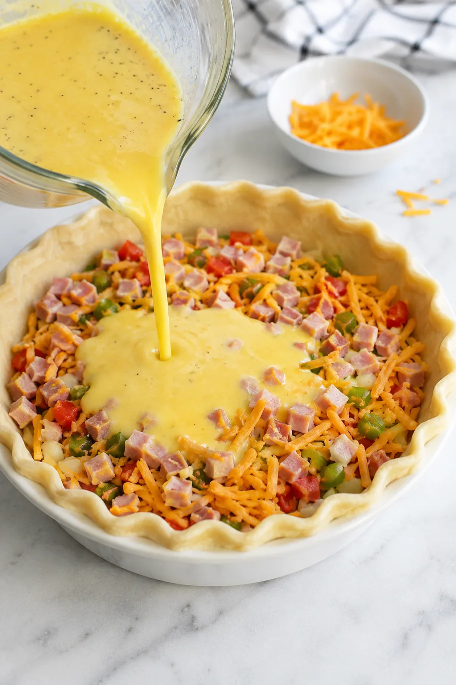 Egg custard poured into a ham and pepper quiche crust