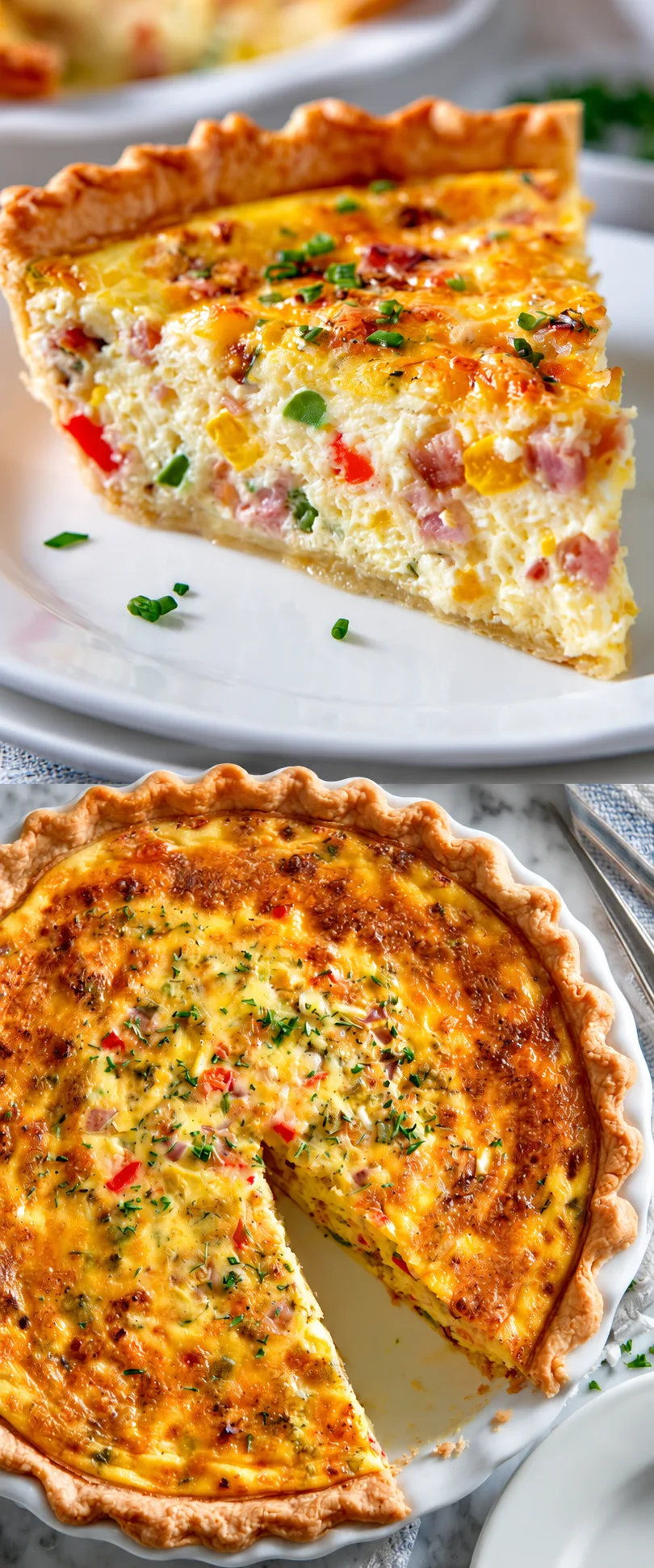 Slice of Western omelet quiche showing ham, peppers and cheddar
