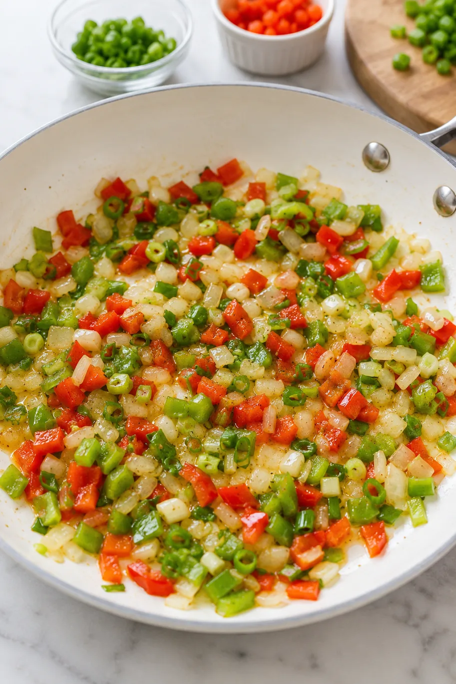Diced peppers and onions softening in a skillet