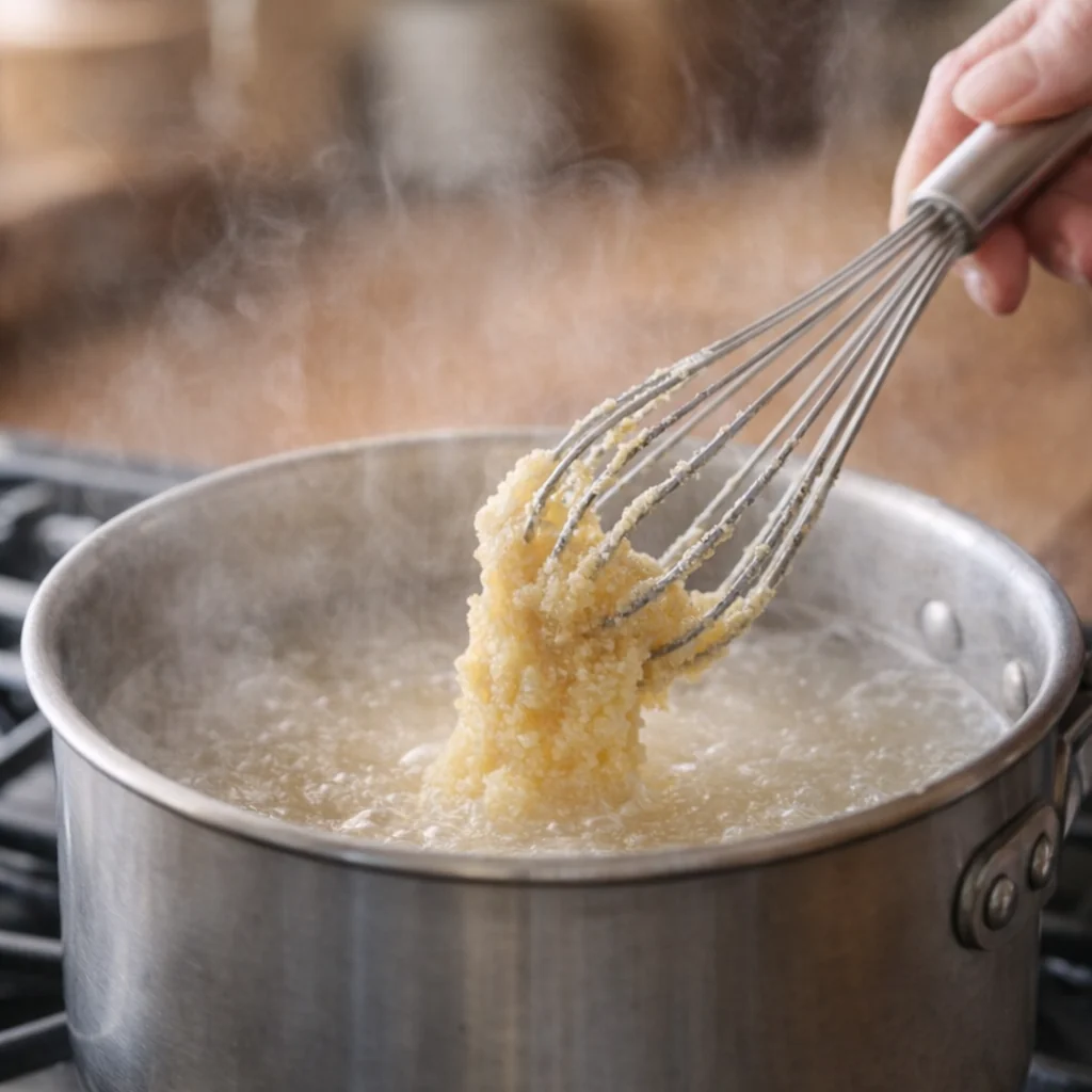 Stone-ground grits being whisked into a saucepan of hot water