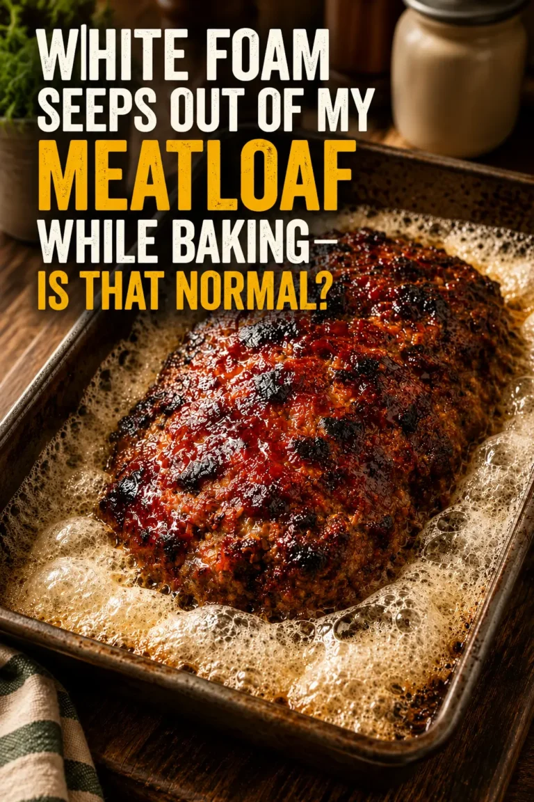 Homemade meatloaf baking with white foam and juices appearing around the edges