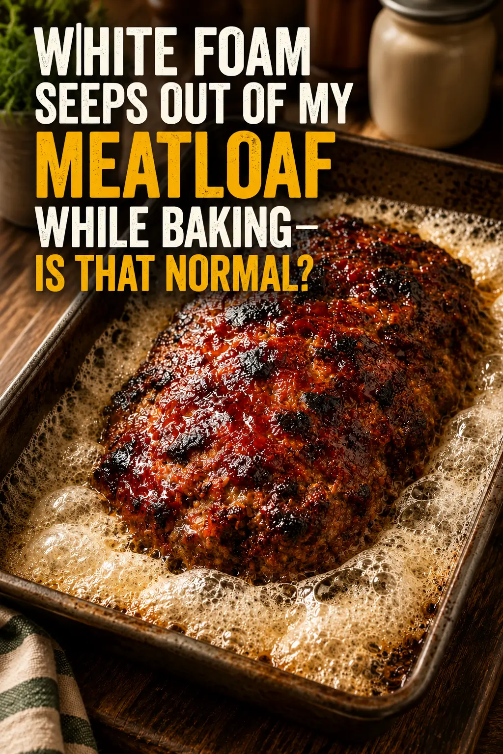 Homemade meatloaf baking with white foam and juices appearing around the edges