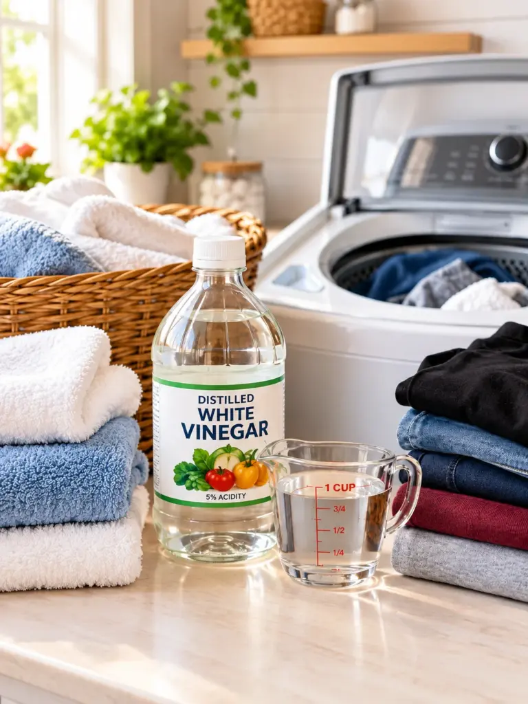 White vinegar in laundry with fresh towels, clean clothes, and a measuring cup beside a washing machine.