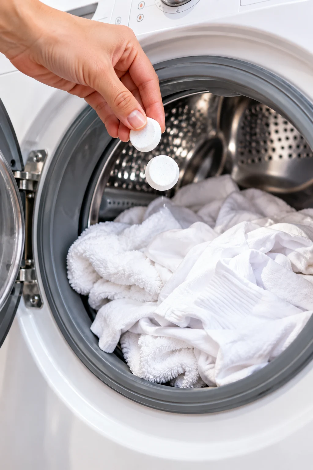 Two tablets being added to white clothes in a washing machine