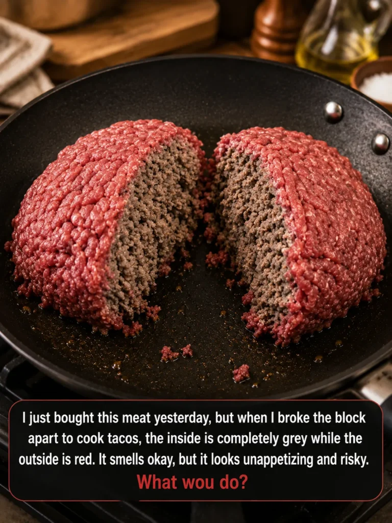 Ground beef showing a gray interior and red exterior after opening the package