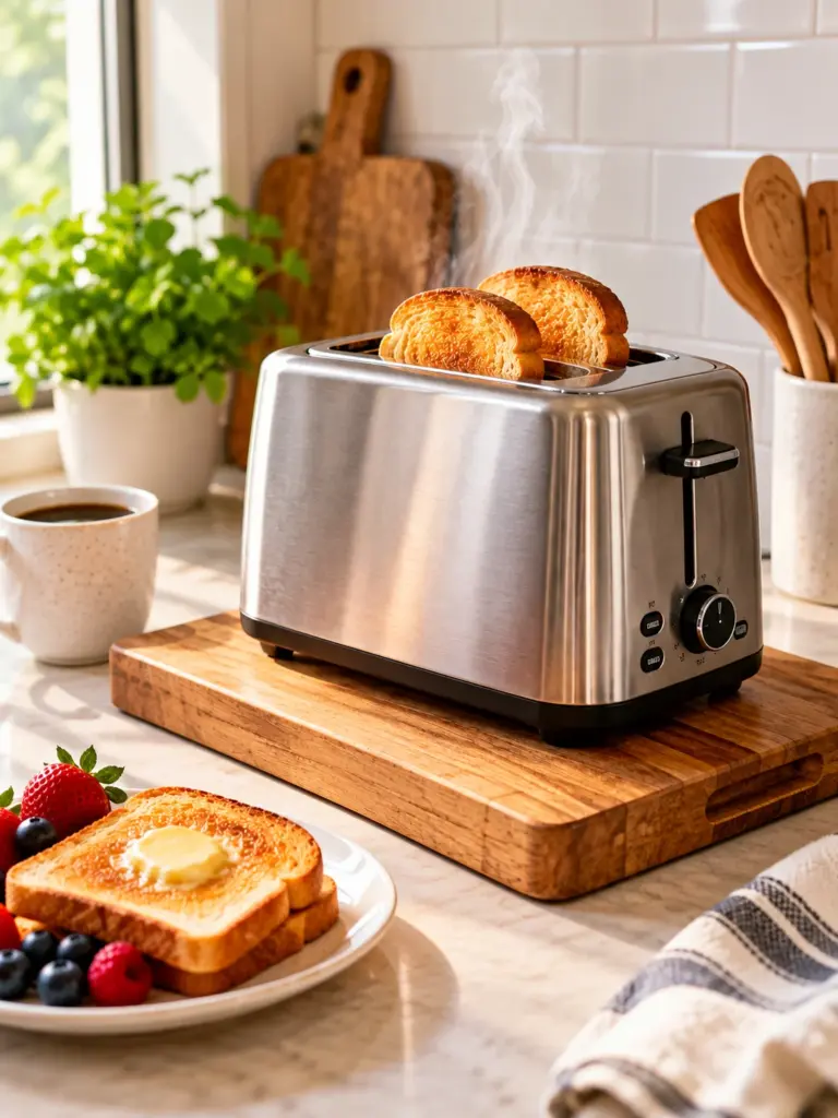 Stainless steel toaster on a wooden cutting board with toasted bread in a bright kitchen.