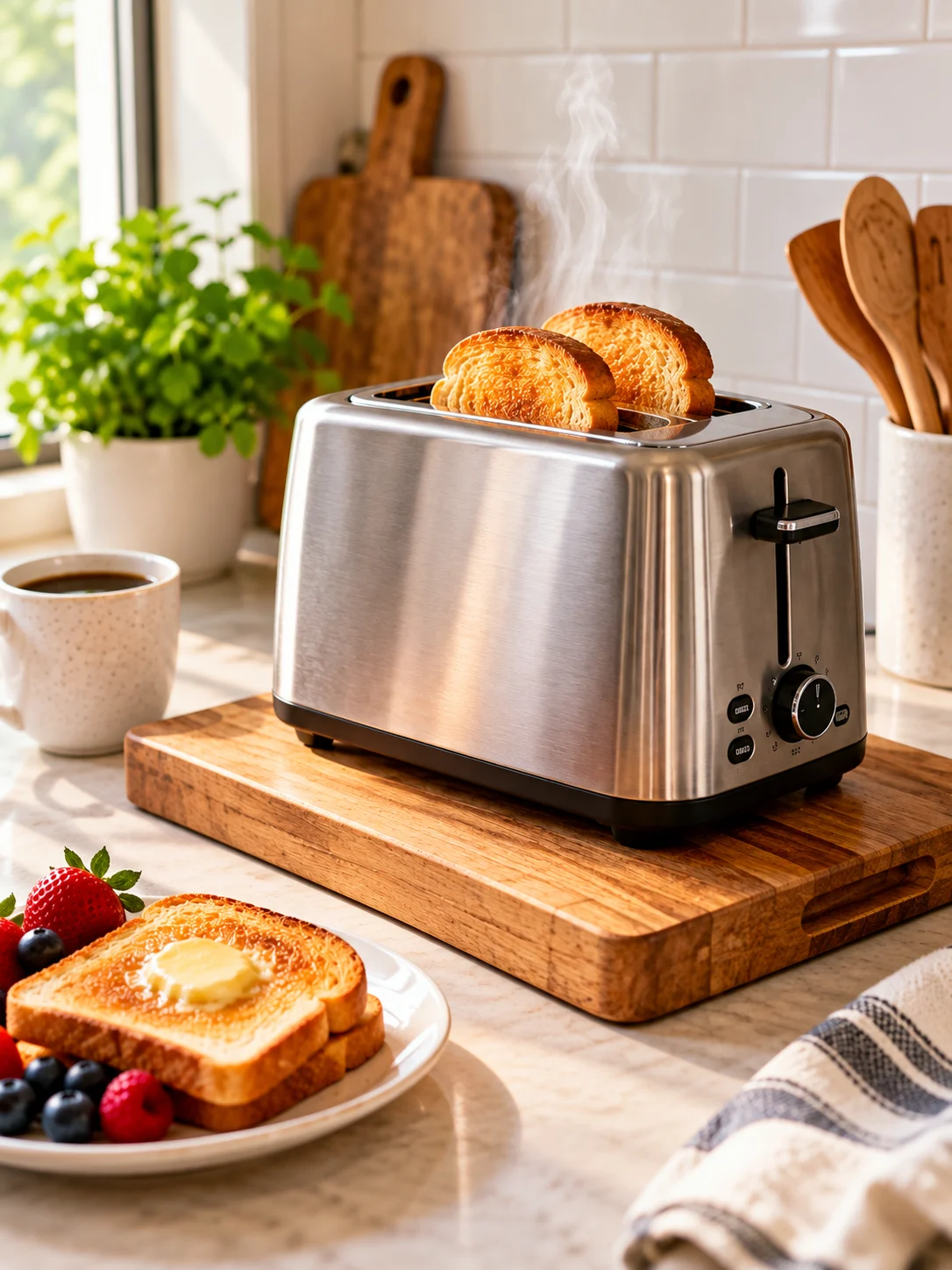 Stainless steel toaster on a wooden cutting board with toasted bread in a bright kitchen.