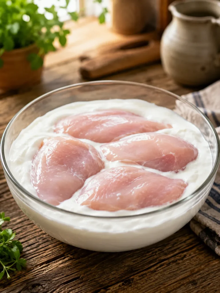 Raw chicken breasts covered in plain yogurt marinade with garlic and spices